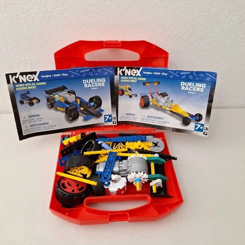K'NEX Kinex Red Hard Box Case Filled with Knex !! Dueling Racers Book 1 & 2